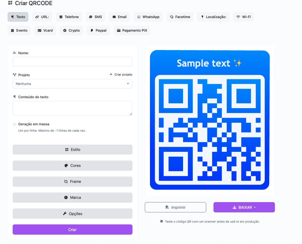 Captura de tela da página do código QR da aplicação