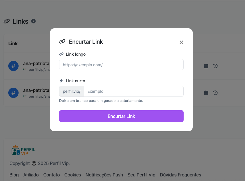 Captura de tela da página curta da URL do aplicativo